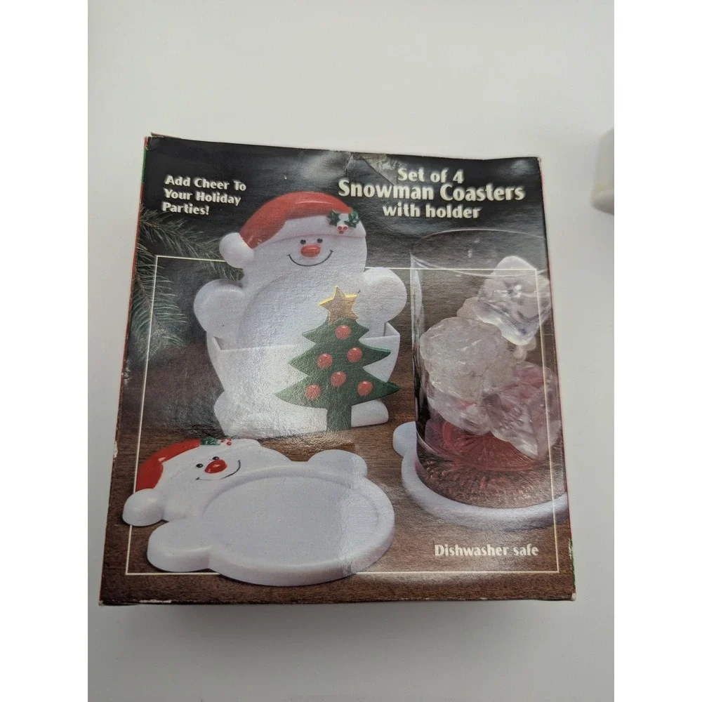 Vtg Set of 4 Plastic Snowman Christmas Coasters with Holder Holiday Decor‎